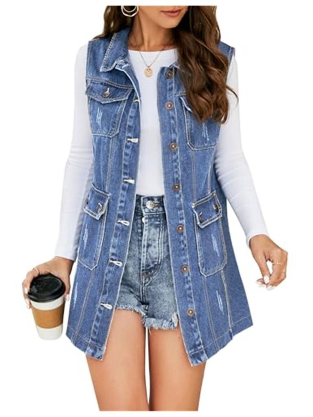 Women's Casual Button Up Sleeveless Denim Jean Mid Long Vest Gilet Jacket